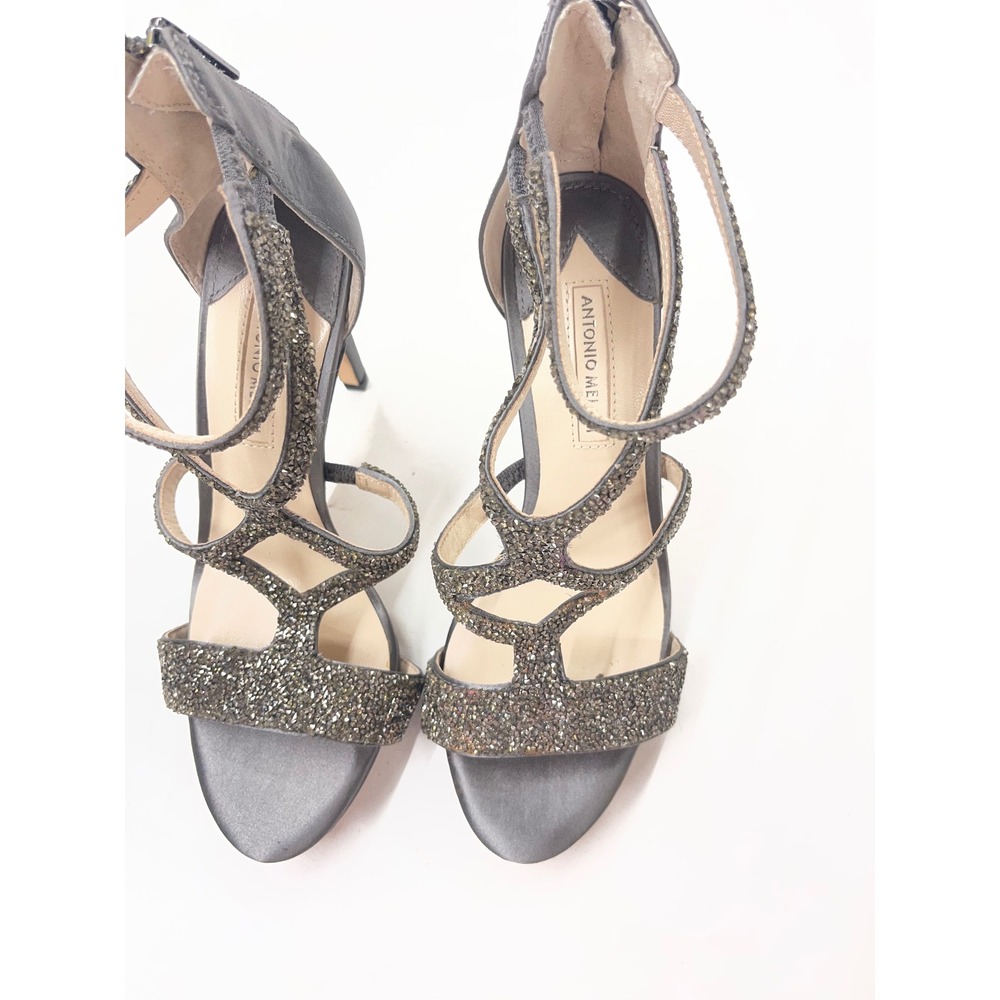 Antonio Melani Grey Satin Crystal Strappy Stiletto Sandals Heels 7.5M